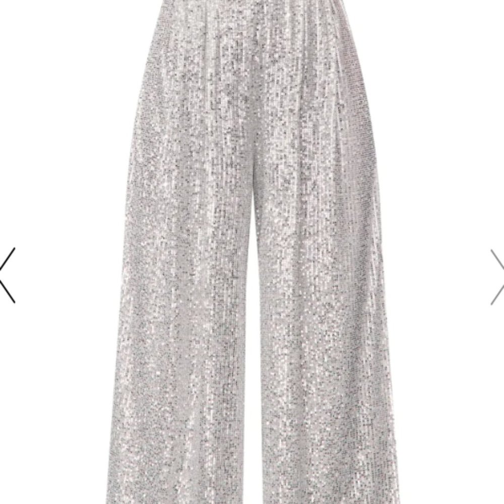 PrettyLittleThing | SILVER SEQUIN WIRE DETAIL BANDEAU WIDE LEG JUMPSUIT - Picture 5 of 9